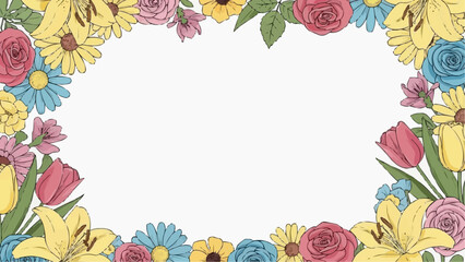 Vibrant floral border with colorful flowers on white background