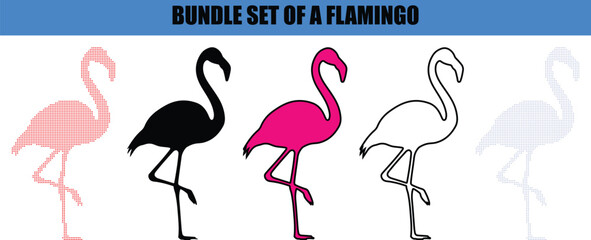 Exotic flamingo silhouette in dotted art style, elegant wading bird symbol for travel and summer themes, professional stipple effect vector illustration for beach decor. © Farida