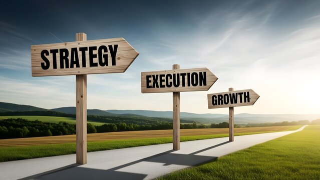 A serene landscape with a pathway and wooden signs pointing to strategy, execution, and growth.