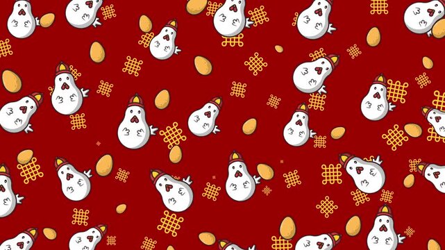 chinese new year pattern with chickens and gold eggs scattered on a red background with playful designs. Perfect for farm themed graphics and chinese new year, childrens products.