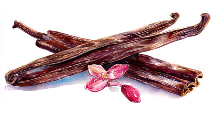 Aromatic vanilla pods watercolor illustration with vibrant pink orchid flower on a clean white background, sweet dessert ingredient.