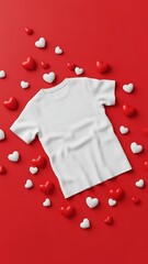 Blank white t-shirt on red background with scattered heart-shaped confetti