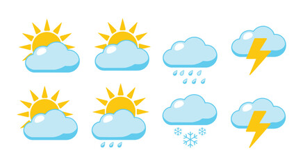Fototapeta premium Weather Icons, Vector Illustrations of Sun, Clouds, Rain, Snow, Storm, Wind, and Temperature Symbols