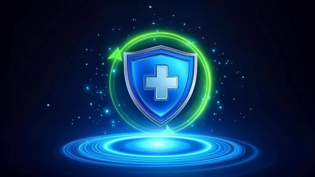 Blue shield with cross and glowing circle