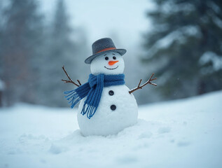 Fototapeta premium A cheerful snowman wearing a blue scarf and gray hat stands in a snowy winter landscape with soft focus trees in the background.
