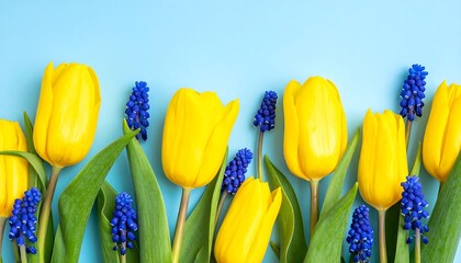 Vibrant Yellow Tulips and Blue Muscari Flowers on Light Blue Background.