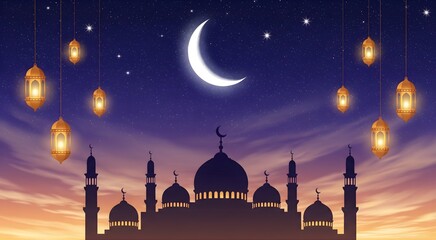 A beautiful mosque with glowing minarets and domes under the moonlit night sky in a peaceful city scene