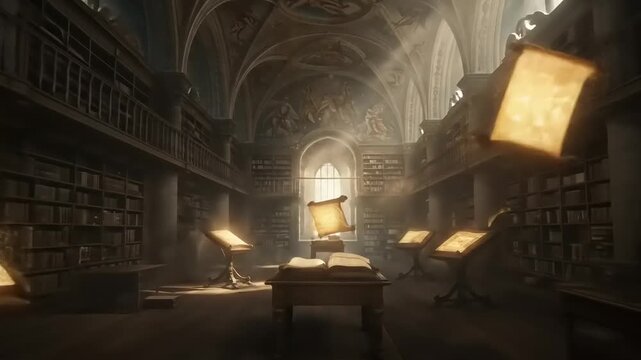 Mystical Library with Floating Books and Ancient Architecture Creating a Magical Atmosphere