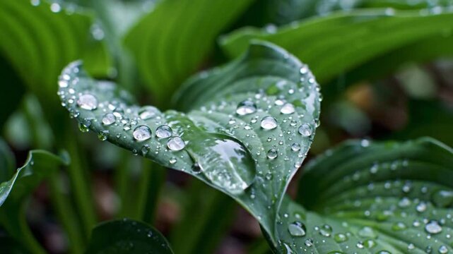 Raindrops cascading onto lush green hosta leaves, creating a serene and refreshing nature scene with detail
