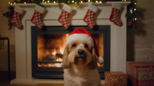 Cozy Christmas Portrait of a Cute Dog in a Santa Hat by a Warm Fireplace.