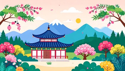 Serene Japanese Landscape with Temple and Cherry Blossoms.