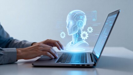 Person working on laptop with AI hologram