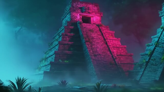 Mystical Mayan Pyramids in a Foggy Jungle Illuminated by Vibrant Neon Lighting