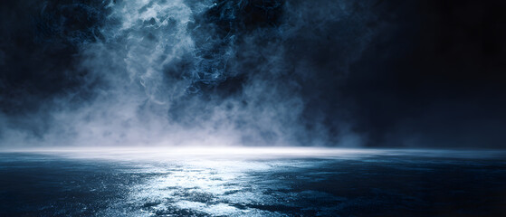 Dark ocean background panorama with dramatic night sky and mysterious storm cloud reflection on water surface creating fantasy seascape mood for abstract nature design art scene