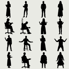 A collection of black silhouettes of people in various poses and outfits on a light background