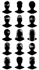 A collection of black silhouettes of various hairstyles on a white background
