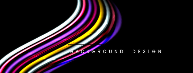 Abstract flowing lines, vibrant colors over black background. Modern design element, dynamic composition, sleek aesthetic.