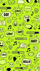 A vibrant and playful pattern of various emoticons and speech bubbles on a bright green background