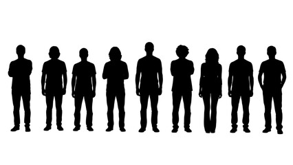 A group of people standing together in a line as black silhouettes on a white background