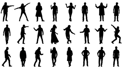 A collection of black silhouettes of people in various poses on a white background