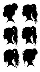 A set of black silhouettes of women with different hairstyles on a white background