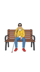 A visually impaired person sits on a bench with a white cane.