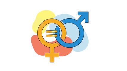 A colorful illustration of gender equality symbols on a white background