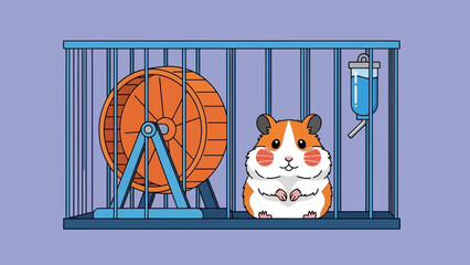 A cartoon hamster sits in a cage with a wheel and an IV drip
