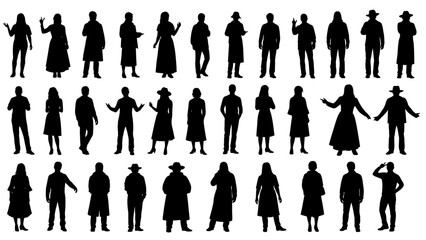 A collection of black silhouettes of people in various poses and outfits on a white background