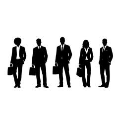 A group of business professionals standing together in formal attire with briefcases