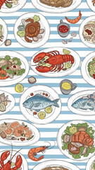 A vibrant pattern of seafood dishes on plates with a blue and white striped background