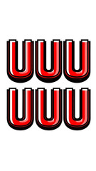 A stylized illustration of multiple red and black U letters on a white background
