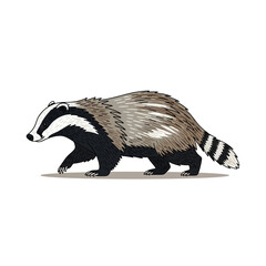 A detailed illustration of a badger walking on a plain surface with a white background