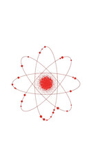 A detailed illustration of an atom with red electrons orbiting a central nucleus