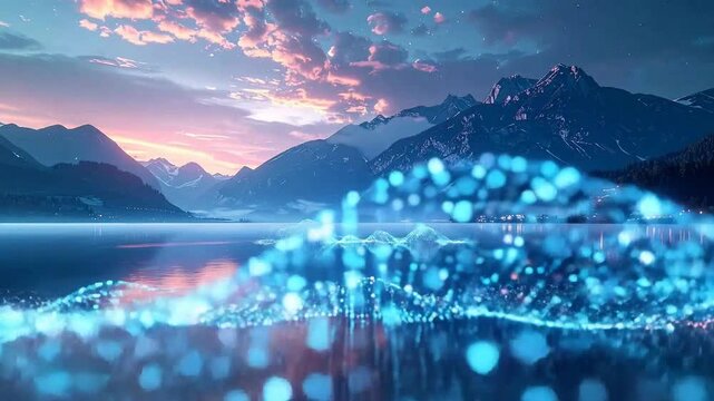 Serene mountain lake reflecting the sky at dusk with a digital overlay.