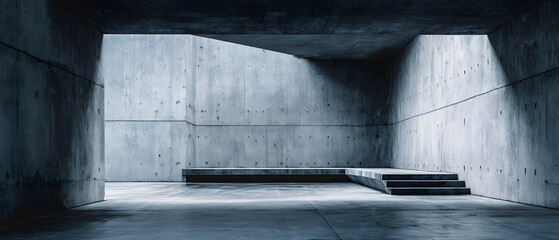 Concrete architecture, modern interior, minimal design, empty room, urban space, background panorama framing dramatic light and shadow over textured wall and stair platform