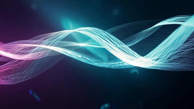 Neon pink and cyan fiber optic wave lines flowing on black background. Abstract digital data stream with glowing wavy threads of light.