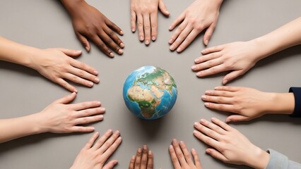 Diverse hands circle a viintimate apparelnt globe, symbolizing global unity and interconnectedness.
