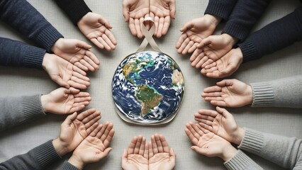 Diverse hands cup the earth, symbolizing global unity, hope, and shared responsibility for our planet.