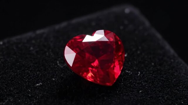 Brilliant 4K Macro Shot of a Sparkling Red Heart Gemstone Rotating and Glittering on Black Velvet