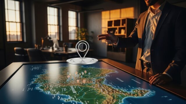 Businessman gestures to a digital map with location markers on a large touch screen table - Powered by Adobe