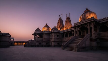 Ancient Indian Temple at Dusk with Ornate Architecture and Serene Sky.
