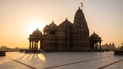 Ancient Indian temple at sunrise, a majestic silhouette against the golden sky.