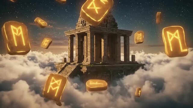 Mystical Temple in the Clouds Surrounded by Glowing Runes with a starry night background