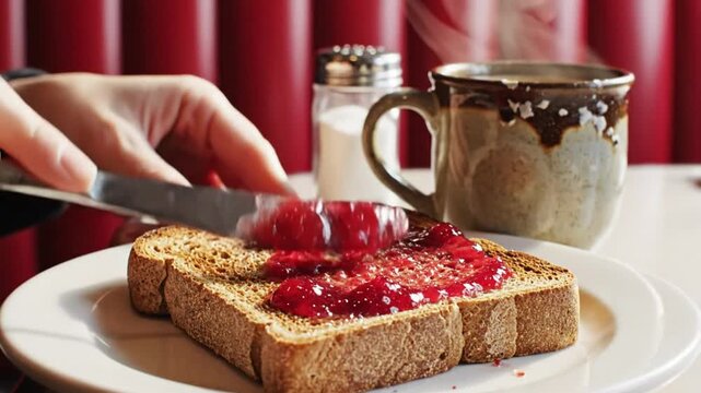 Spreading delicious red jam on toasted whole-wheat bread for breakfast with steaming hot coffee