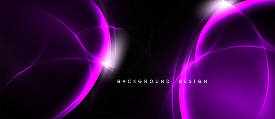 Naklejka premium Dark background features vibrant purple glowing lines, curves, shapes. Modern abstract design creates dynamic visual effect.