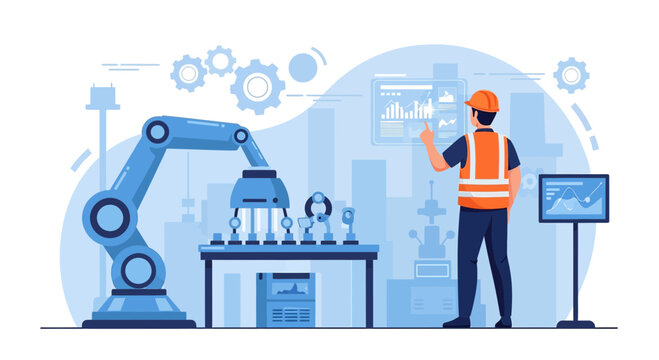 Smart manufacturing illustration featuring worker, robotic arm, and modern technology