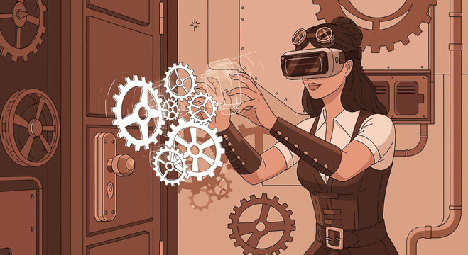 Steampunk engineer using virtual reality to design intricate clockwork mechanisms in a workshop