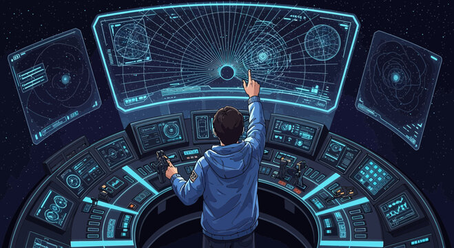 Spaceship pilot navigating the cosmos using advanced holographic controls for interplanetary