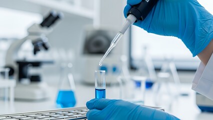 Scientist Conducting Experiment with Blue Liquid in Laboratory Setting